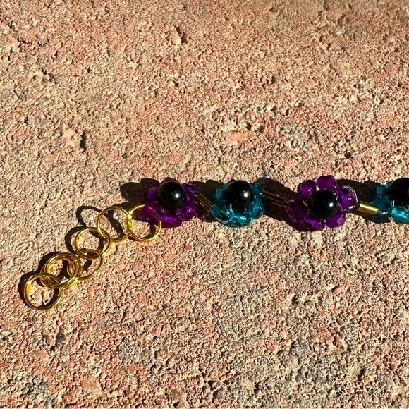 Blue and Purple Floral Bracelet with Gold Accents - Picture 3 of 4